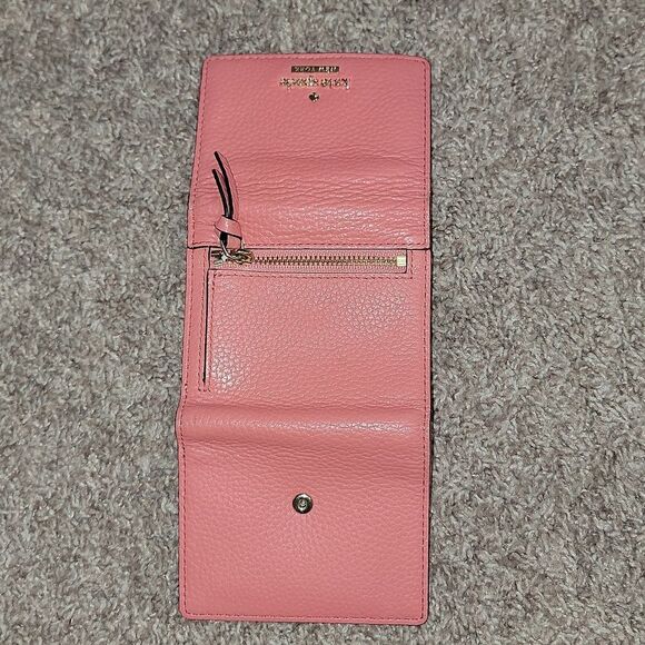 Kate Spade Pebbled Leather Trifold Coral Pink Salmon Wallet w Striped Lining - Picture 9 of 16